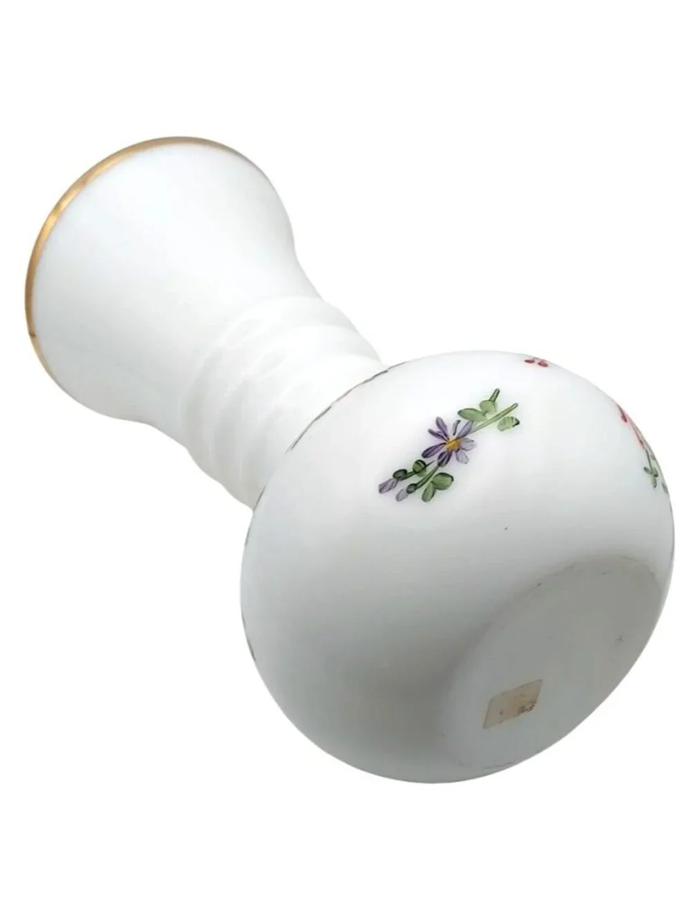 Vintage Hand Painted Floral Milk Glass Ball Vase Gold Trim Ribbed Neck Cottage - Picture 3 of 7